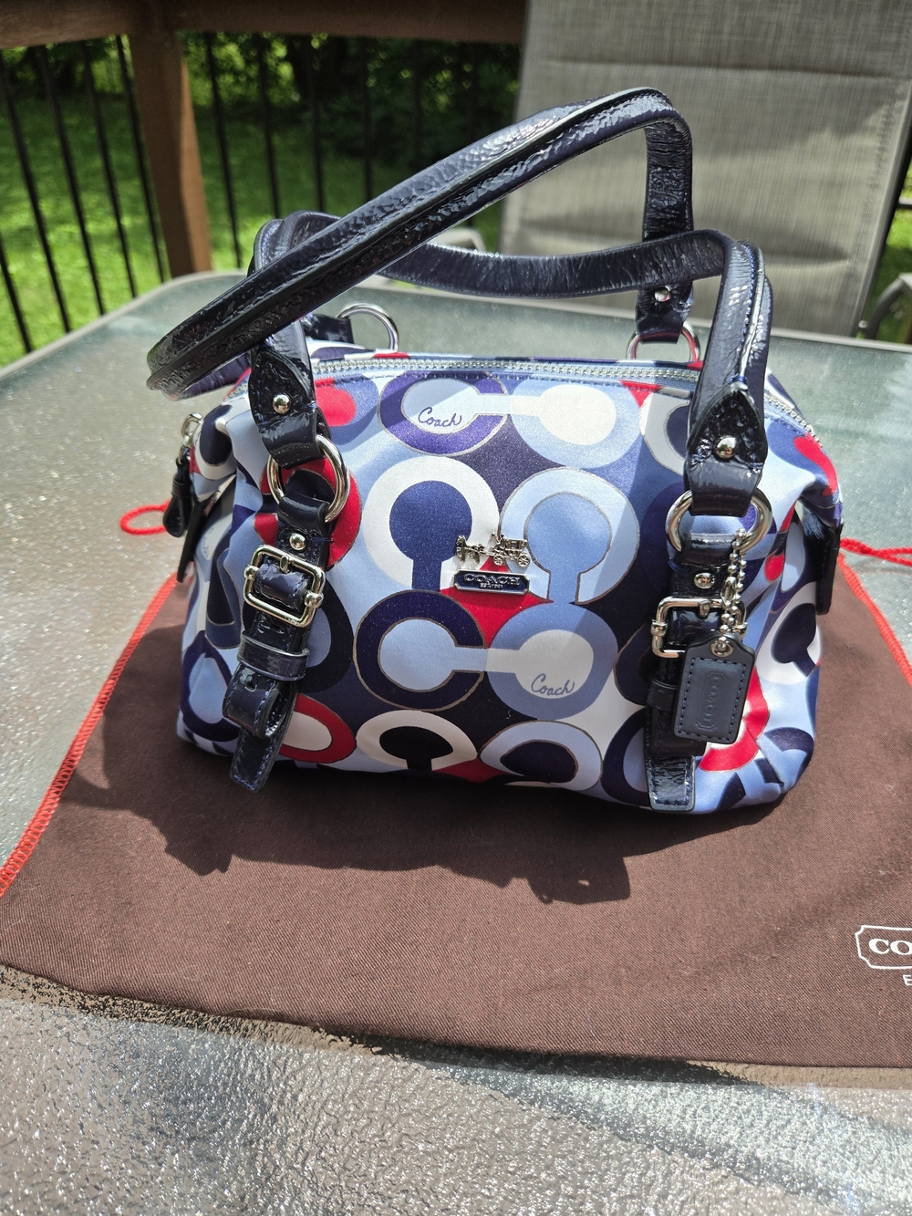 Coach Sateen Signature Circle Print Satchel - Navy, Red & White - Picture 1 of 9
